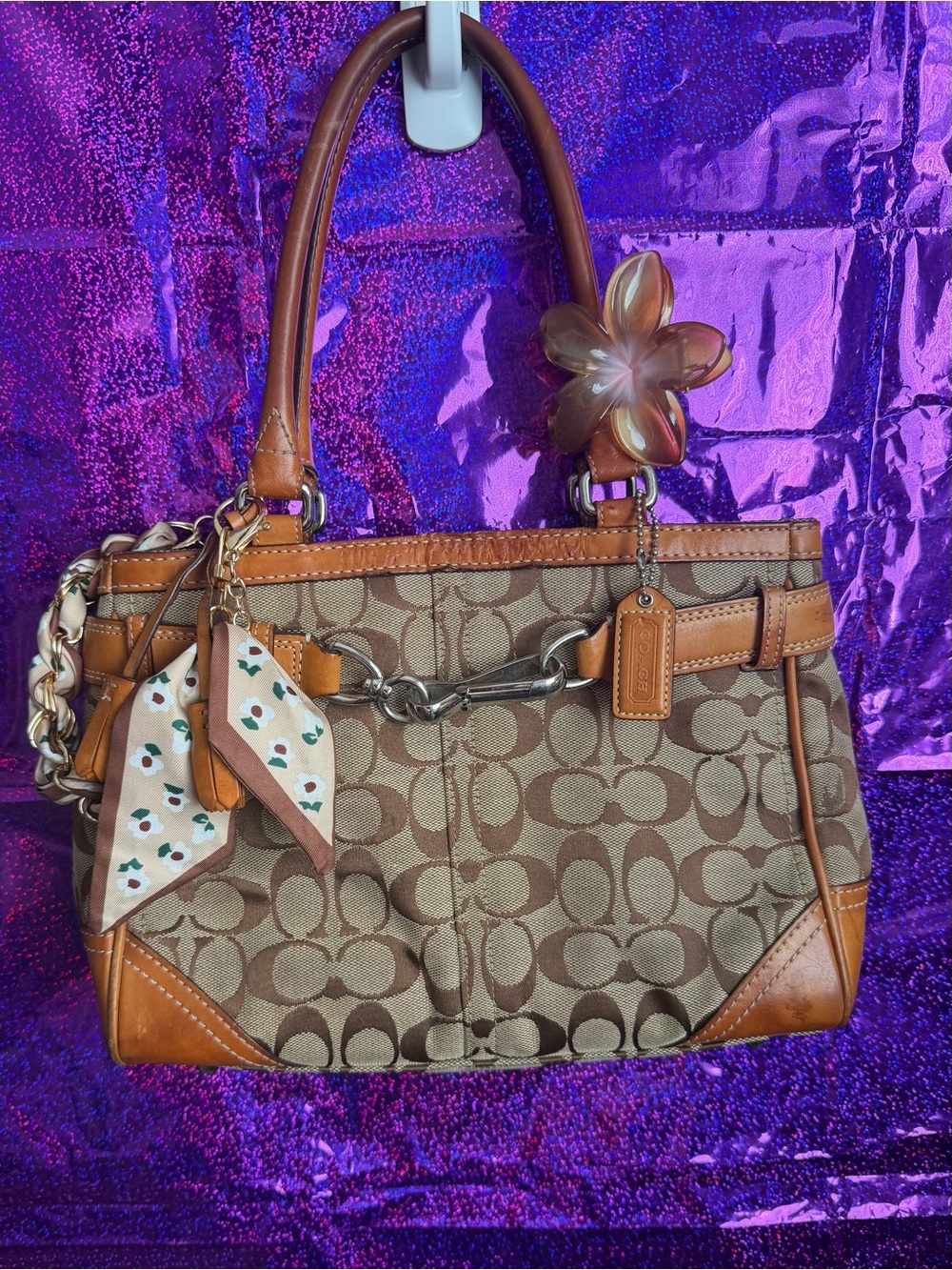 Vintage Coach Brown Signature Canvas Tote with Leather Trim